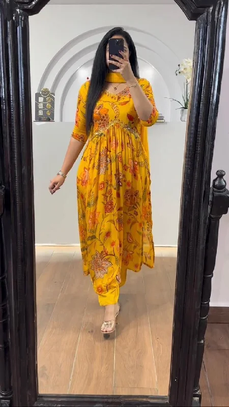 Mustard Aliya Cut Chinon Suit with Pant & Dupatta Lightweight Jogger Pants