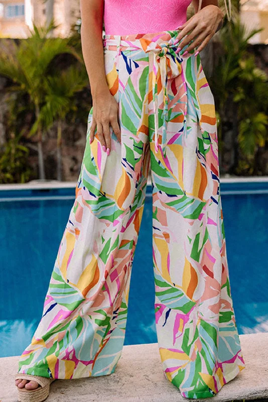 Multicolor Tropical Leafy Print Belted Wide Leg Pants Trendy Velvet Pants