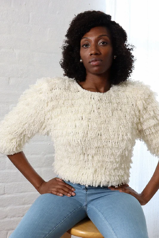 Cream Shag Sweater S/M Mesh Blend Leather Blend Suede Blend
