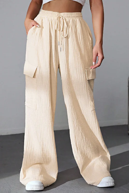 Apricot Loose Drawstring High Waist Crinkled Cargo Pants Elegant Wool Trousers