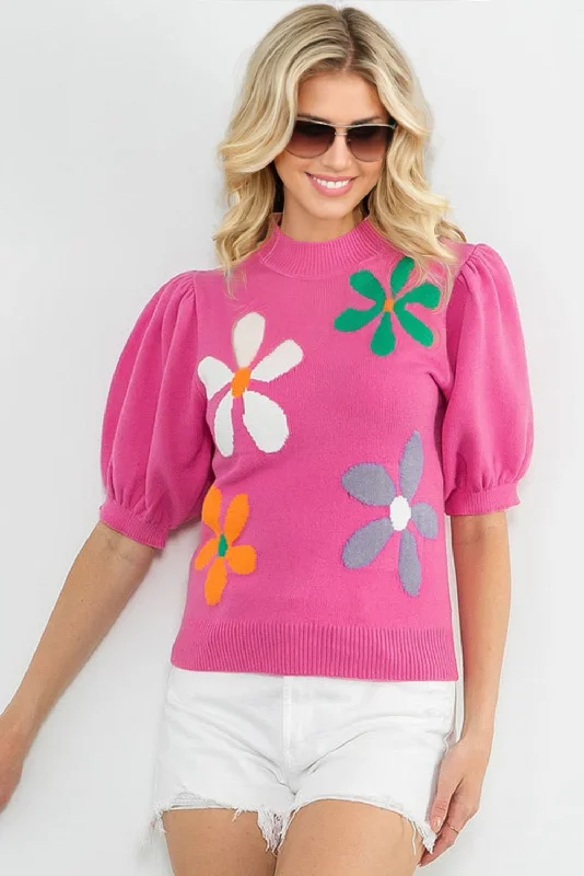 Short Sleeve Daisy Sweater - Pink Zippered Buttoned Snapped