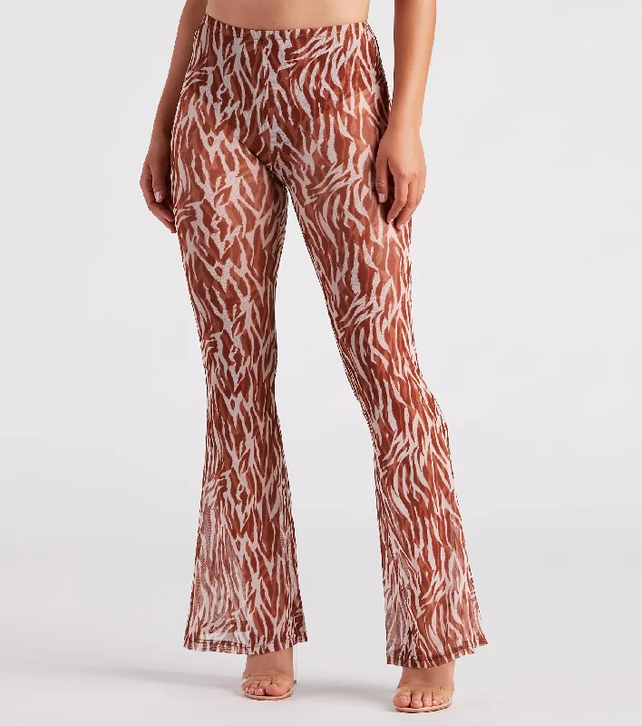 Quick Instinct Zebra Print Mesh Flare Pants Classic Flared Pants