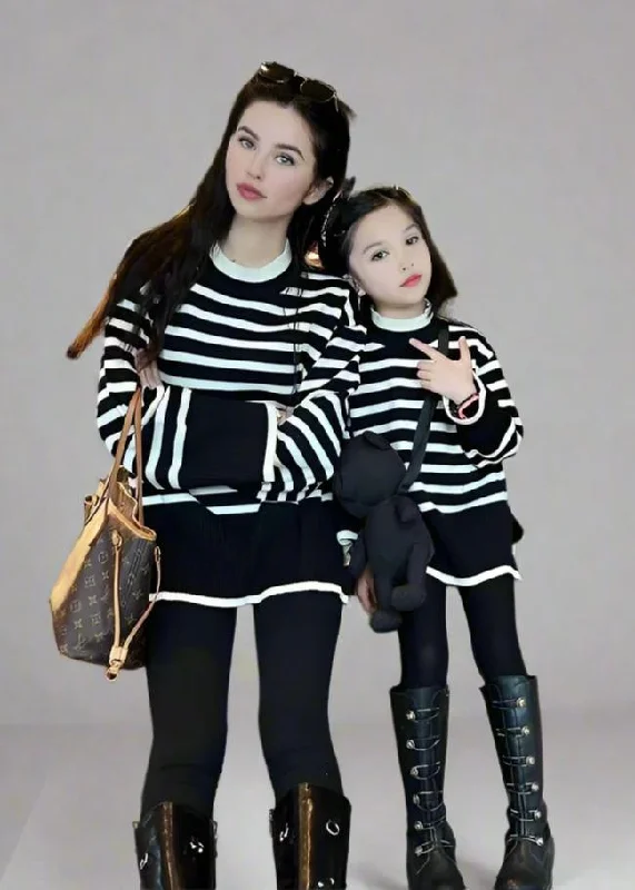 Cozy Matching Black & White Striped Sweater Set for Mom and Daughter Zippered Front Buttoned Front Snap Front