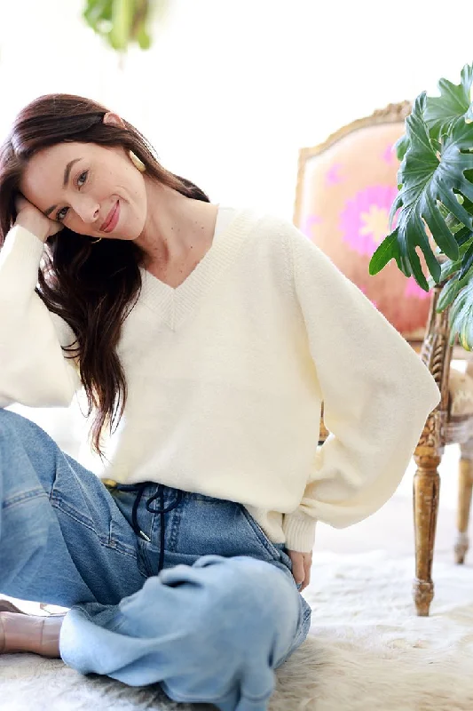 Ivory V-Neck Sweater Stylish Fashionable Trendy