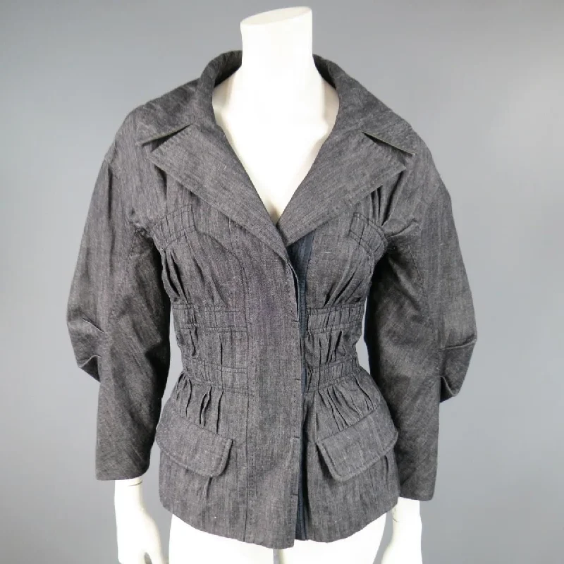 LOUIS VUITTON Size 6 Navy Cotton / Ramie Ruched Sleeve Jacket Chenille Fabric Brocade Fabric Lace Fabric LOUIS VUITTON Size 6 Navy Cotton / Ramie Ruched Sleeve Jacket Chenille Fabric Brocade Fabric Lace Fabric