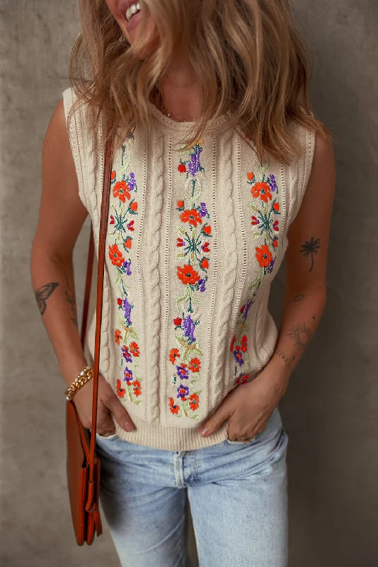 Sleeveless Embroidered Sweater Boat Neck Shawl Collar Notched Collar