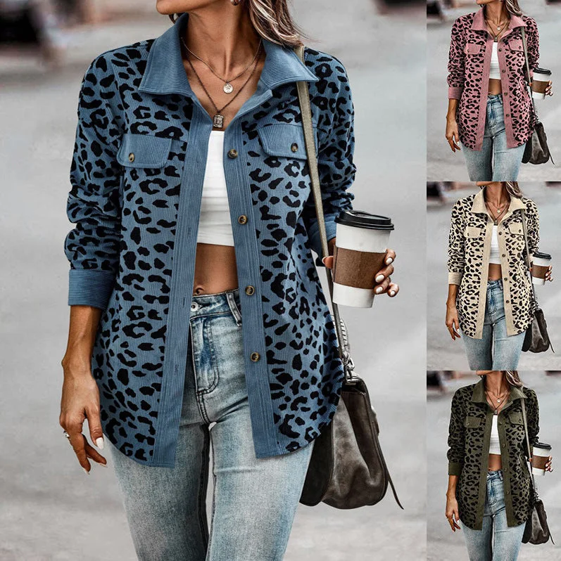 Leopard Print Shirt Coat Fashion Button Long Sleeve Jacket Women Jacket Blazer Coat