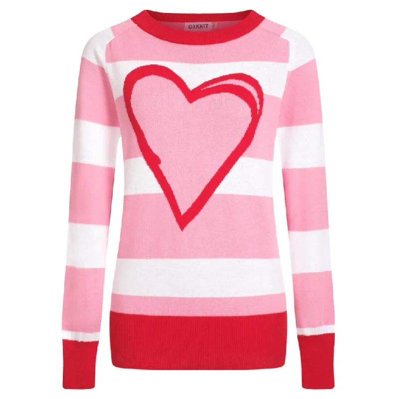 Women's pink striped love crew-neck sweater Striped Floral Plaid