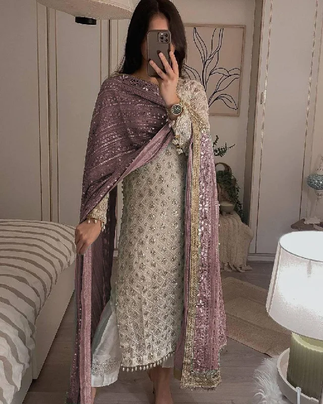 Glittering Charm Eid Dresses: Pakistani Style Georgette Sequined Embroidered Top and Pant Set with Dusty Rose Dupatta Chic Wool Trousers