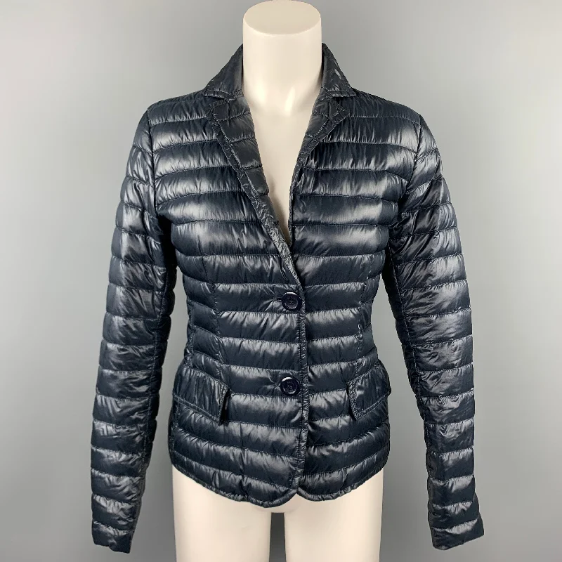 HERNO Size 6 Navy Quilted Goose Down Notch Lapel Jacket Plaid Jacket Tartan Jacket Houndstooth Jacket HERNO Size 6 Navy Quilted Goose Down Notch Lapel Jacket Plaid Jacket Tartan Jacket Houndstooth Jacket