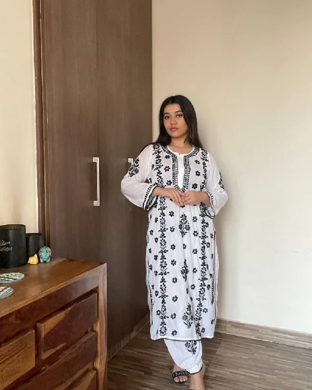 Black & White Premium Lucknow Chikankari Modal Kurti & Afghani Pant Set – Handcrafted Elegance Fashionable Jogger Pants Black & White Premium Lucknow Chikankari Modal Kurti & Afghani Pant Set – Handcrafted Elegance Fashionable Jogger Pants