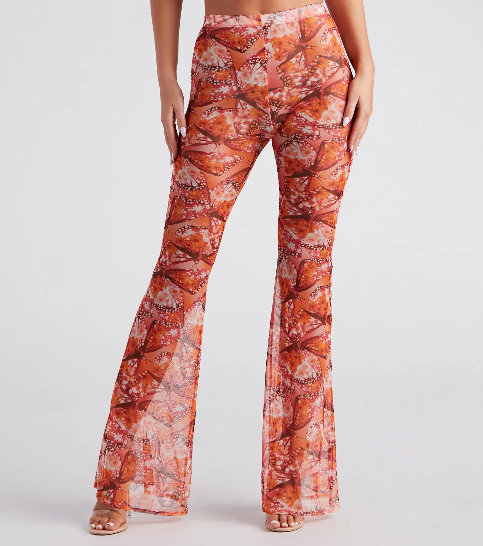 Dreamy Muse Butterfly Print Flare Pants Casual Plaid Pants