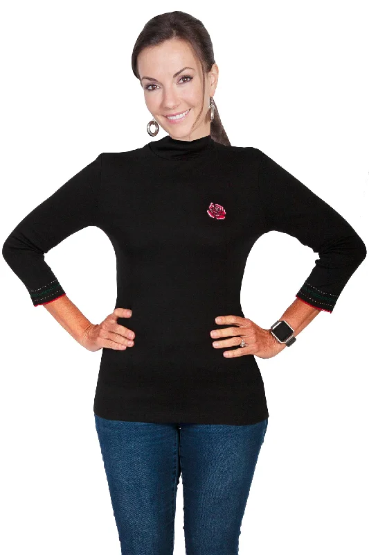 Scully Womens Black 100% Cotton Turtleneck Sweater Solid Print Embellished