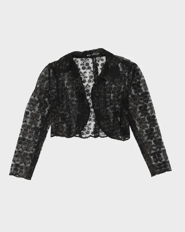 Black Metallic Lace Bolero Jacket - XS Snapped Jacket Toggled Jacket Drawstring Jacket Black Metallic Lace Bolero Jacket - XS Snapped Jacket Toggled Jacket Drawstring Jacket