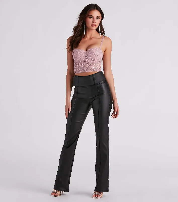 Too Cool Coated Faux Leather Straight Leg Pants Chic Checkered Pants