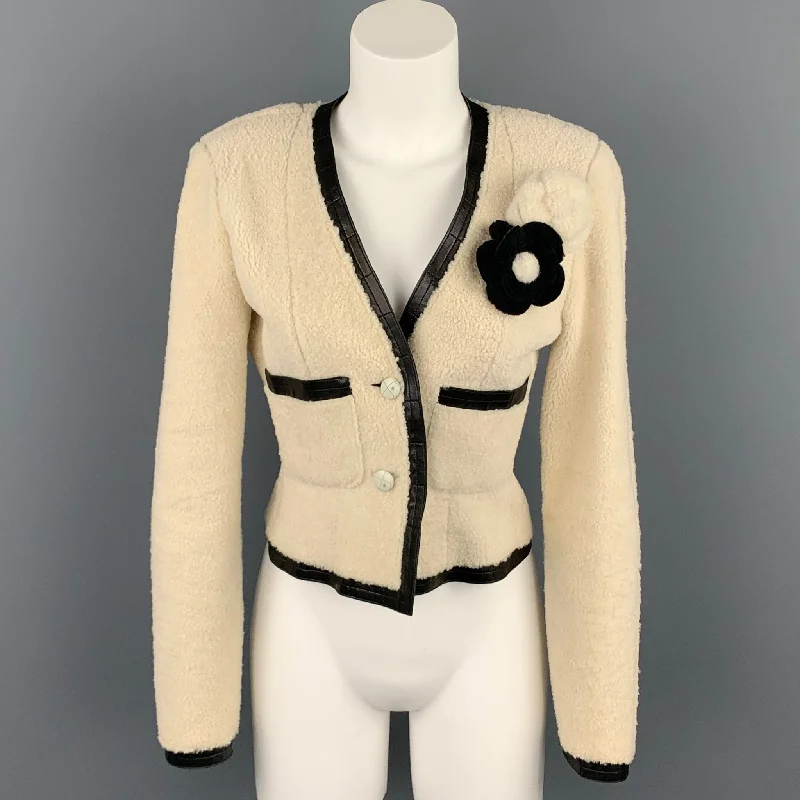 CHANEL 2003 Size 6 Cream & Black Shearling Leather Lamb Skin Jacket Faux Fur Fabric Real Fur Fabric Shearling Fabric CHANEL 2003 Size 6 Cream & Black Shearling Leather Lamb Skin Jacket Faux Fur Fabric Real Fur Fabric Shearling Fabric