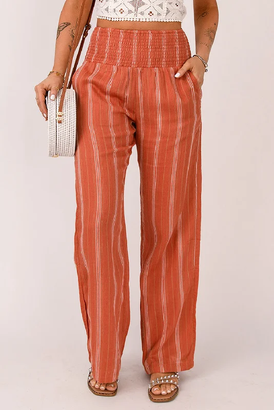 Orange Striped Shirred High Waist Straight Leg Pants Cozy Full-Length Pants