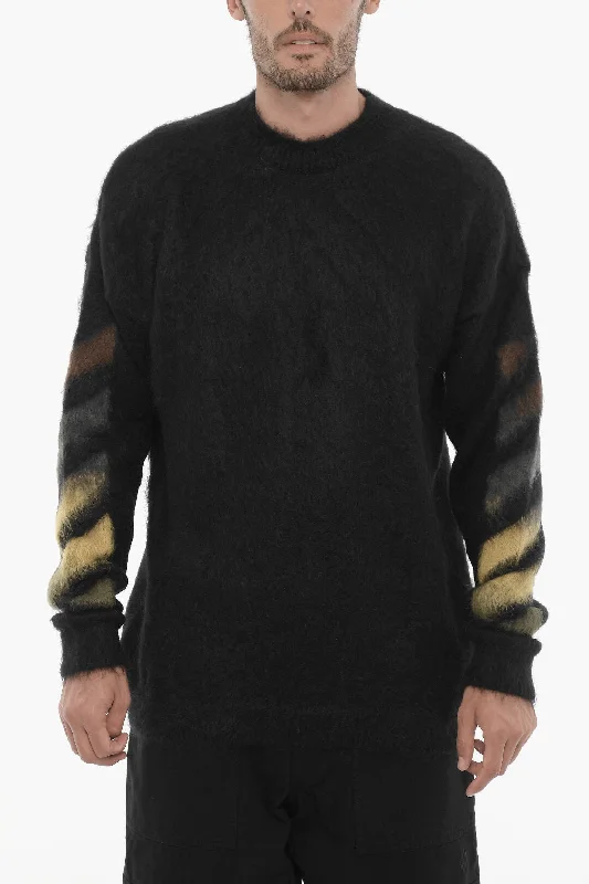 Off-White Crew-neck Fluffy Sweater with Contrasting Logo Chenille Blend Fleece Blend Nylon Blend