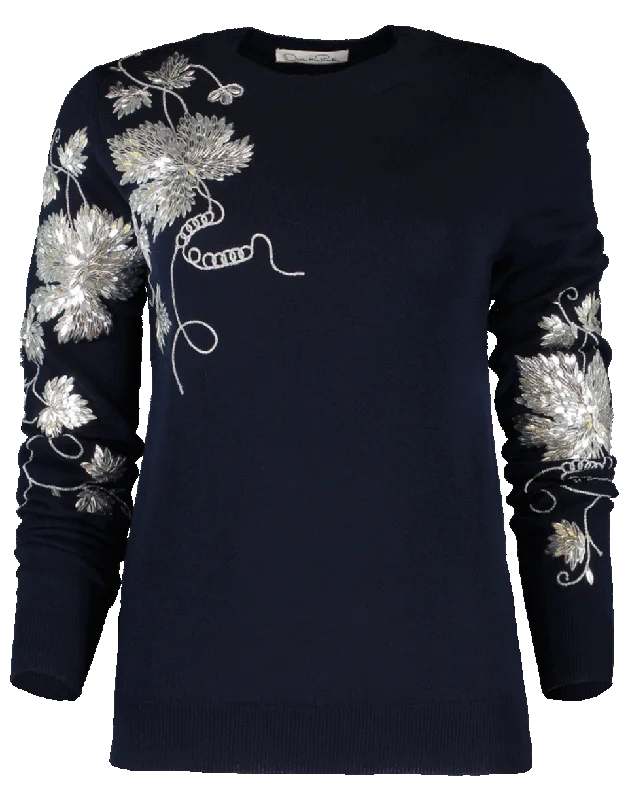 Silver Embroidery Crewneck Sweater Terry Blend Velvet Blend Canvas Blend