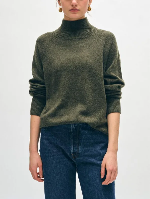 White + Warren Cashmere Rib Trim Standneck Sweater - Thyme Heather Lightweight Heavyweight Midweight