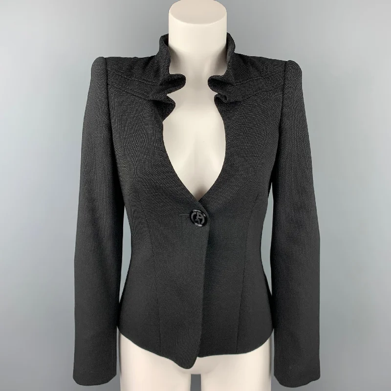 GIORGIO ARMANI Size 0 Black Dots Wool / Polyester Ruched Collar Single Breasted Jacket Satin Jacket Silk Jacket Chiffon Jacket GIORGIO ARMANI Size 0 Black Dots Wool / Polyester Ruched Collar Single Breasted Jacket Satin Jacket Silk Jacket Chiffon Jacket