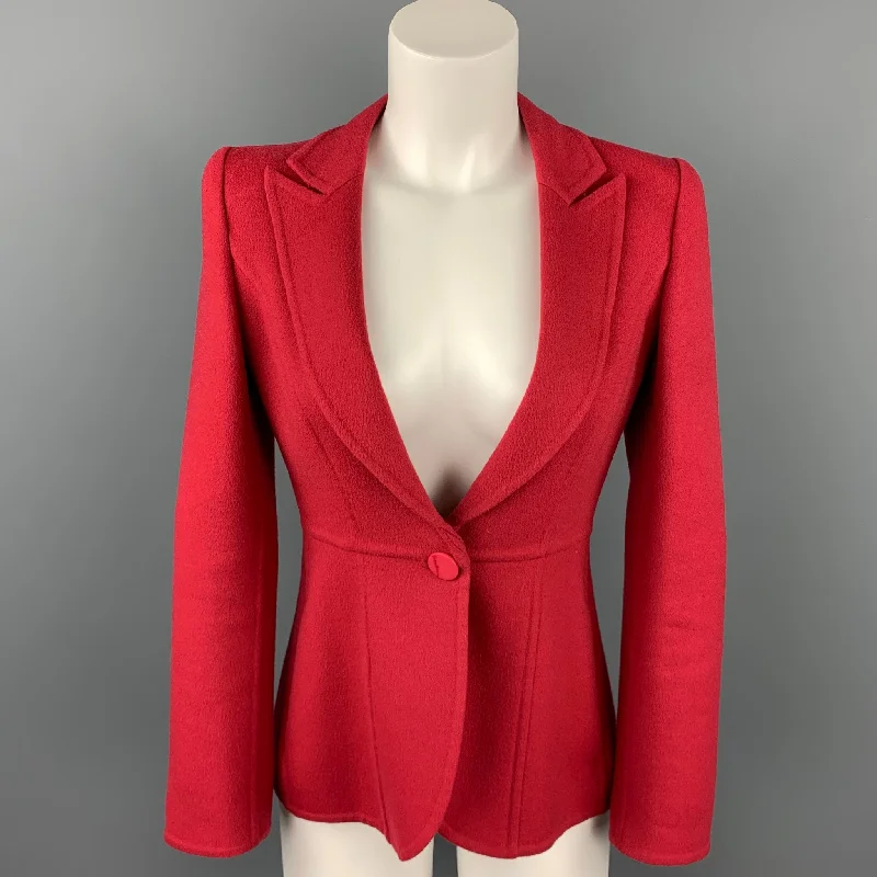 GIORGIO ARMANI Size 2 Red Virgin Wool Peak Lapel Single Breasted Jacket Belted Jacket Elasticated Jacket Padded Jacket GIORGIO ARMANI Size 2 Red Virgin Wool Peak Lapel Single Breasted Jacket Belted Jacket Elasticated Jacket Padded Jacket