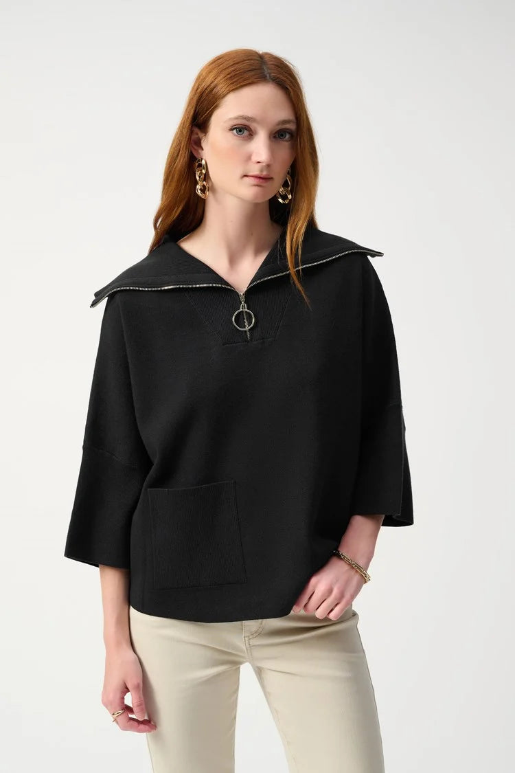 Joseph Ribkoff Jacquard Zipped Collar Sweater - Black Notch Collar Peter Pan Collar Cowl Neck
