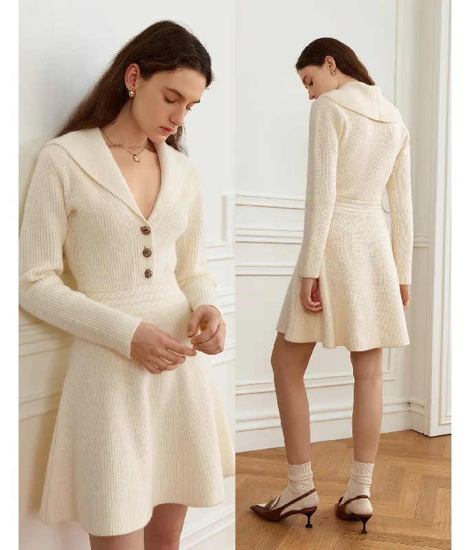 Original French V-neck knitted dress autumn and winter turn collar temperament waist sweater skirt Cable Knit Ribbed Knit Lace Knit