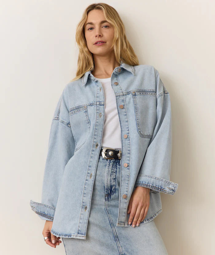 Molly Oversized Denim Shirt Jacket - Medium Wash Knit Fabric Woven Fabric Fleece Fabric Molly Oversized Denim Shirt Jacket - Medium Wash Knit Fabric Woven Fabric Fleece Fabric