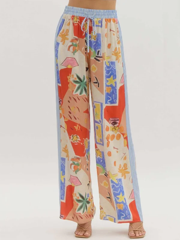 Resort Pattern High Waist Wide Leg Pants Stretch Fit Pants