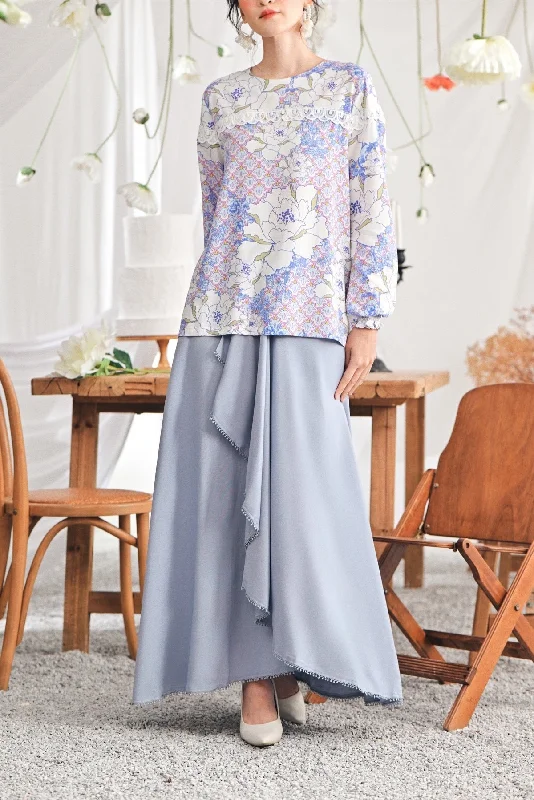 The Mimpian Women Ruffle Wide Skirt - Light Pigeon Blue linen skirt breathable