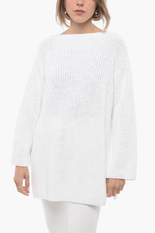 Salvatore Ferragamo Crew Neck Pure Cotton Sweater with Side Splits Spandex Blend Rayon Blend Denim Blend