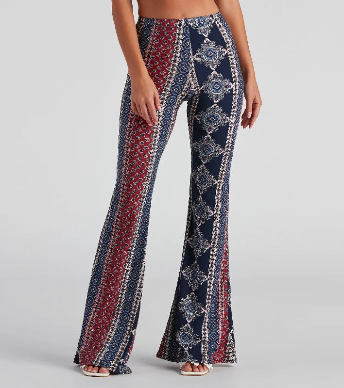 Boho Flare High Rise Pants Stylish Elastic Waist Pants