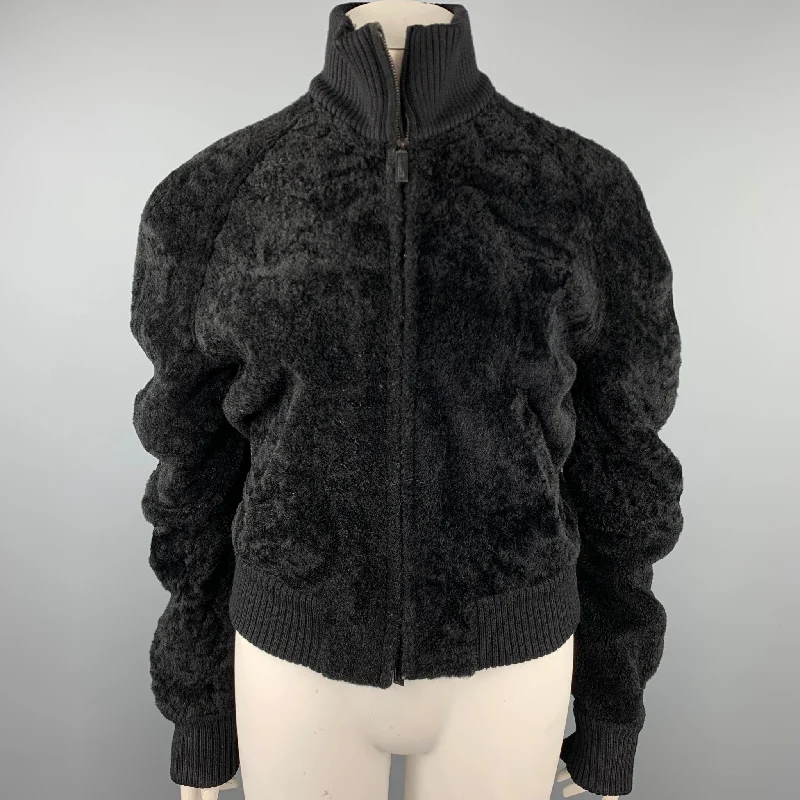 CALVIN KLEIN Size 8 Black Textured Shearling Zip Up Jacket A-Line Jacket Boat Neck Shawl Collar