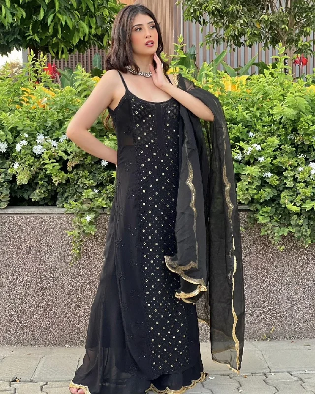 Black Luxe Viscose Ring Work Jaal Lucknow Chikankari Kurti and Pant Set with Dupatta Lightweight Linen Pants Black Luxe Viscose Ring Work Jaal Lucknow Chikankari Kurti and Pant Set with Dupatta Lightweight Linen Pants