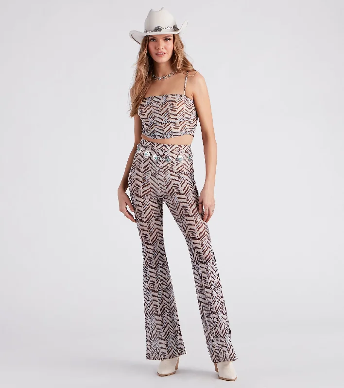 Cute In Chevron Print Mesh Flare Pants Trendy High-Waist Trousers
