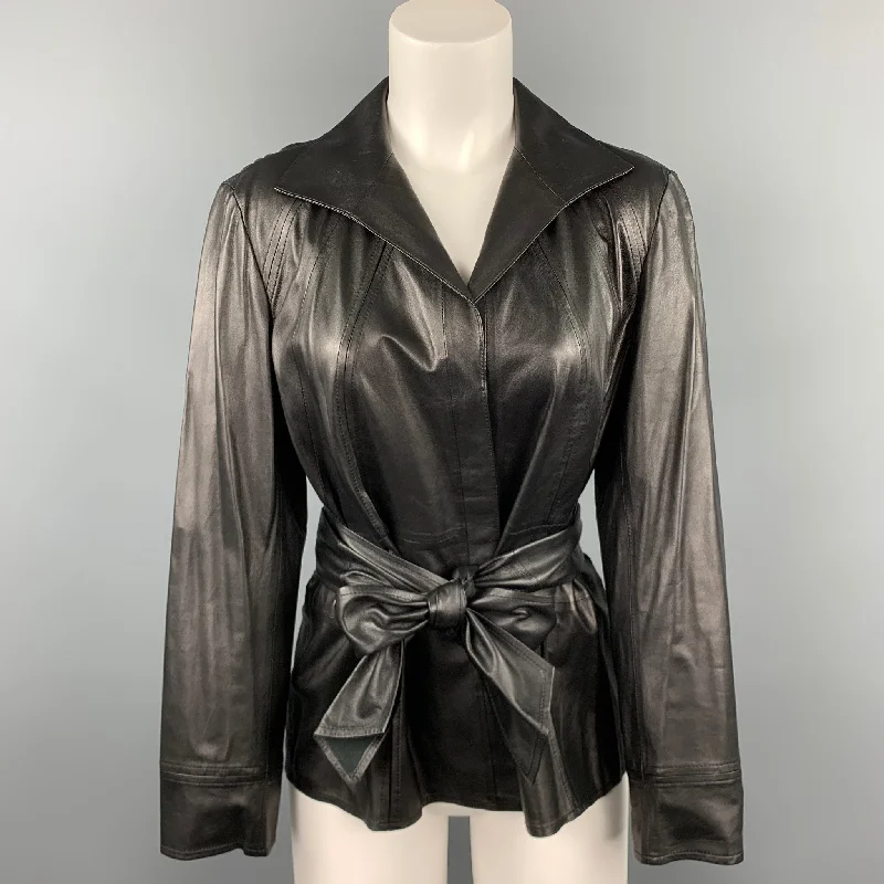 LAFAYETTE 148 Size 10 Black Leather Belted Hidden Button Jacket Chenille Fabric Brocade Fabric Lace Fabric LAFAYETTE 148 Size 10 Black Leather Belted Hidden Button Jacket Chenille Fabric Brocade Fabric Lace Fabric