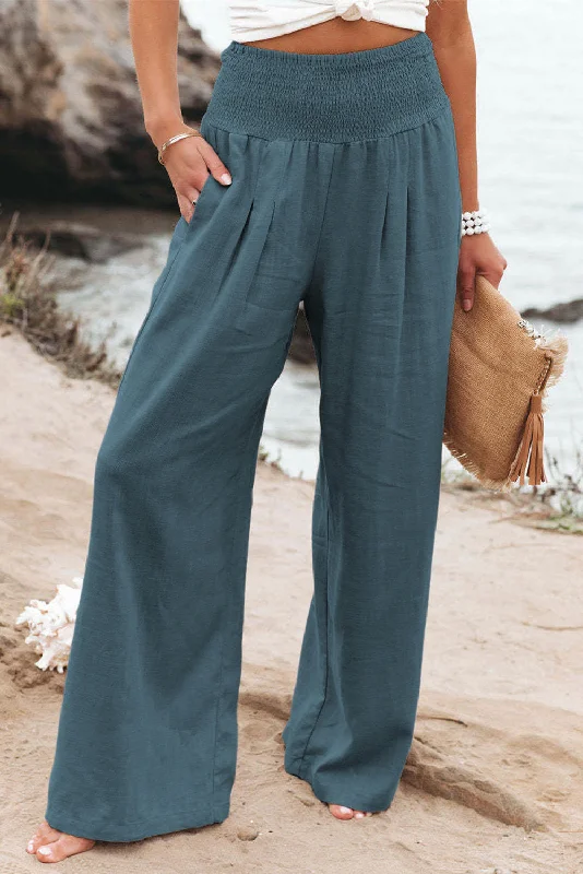 Sky Blue Smocked Wide Waistband High Waist Wide Leg Pants Chic Checkered Pants