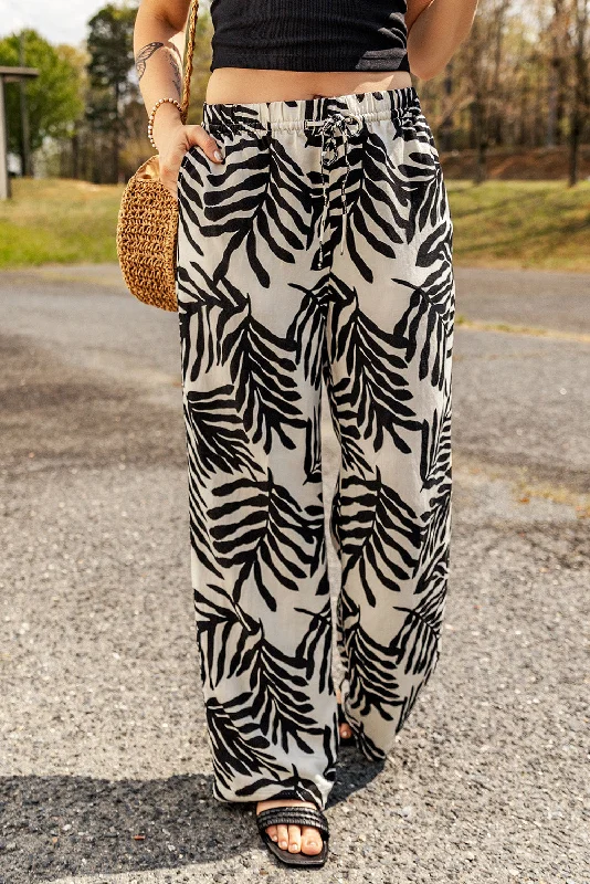 Apricot Tropical Leafy Print Drawstring Wide Leg Pants Comfortable Denim Trousers