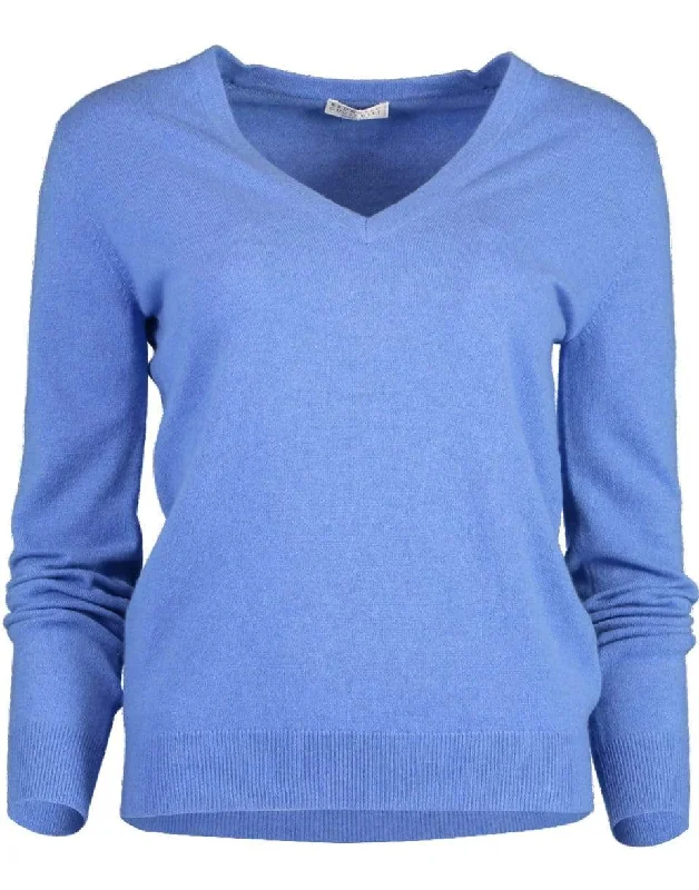 Ocean Blue Cashmere V-Neck Sweater Solid Print Embellished