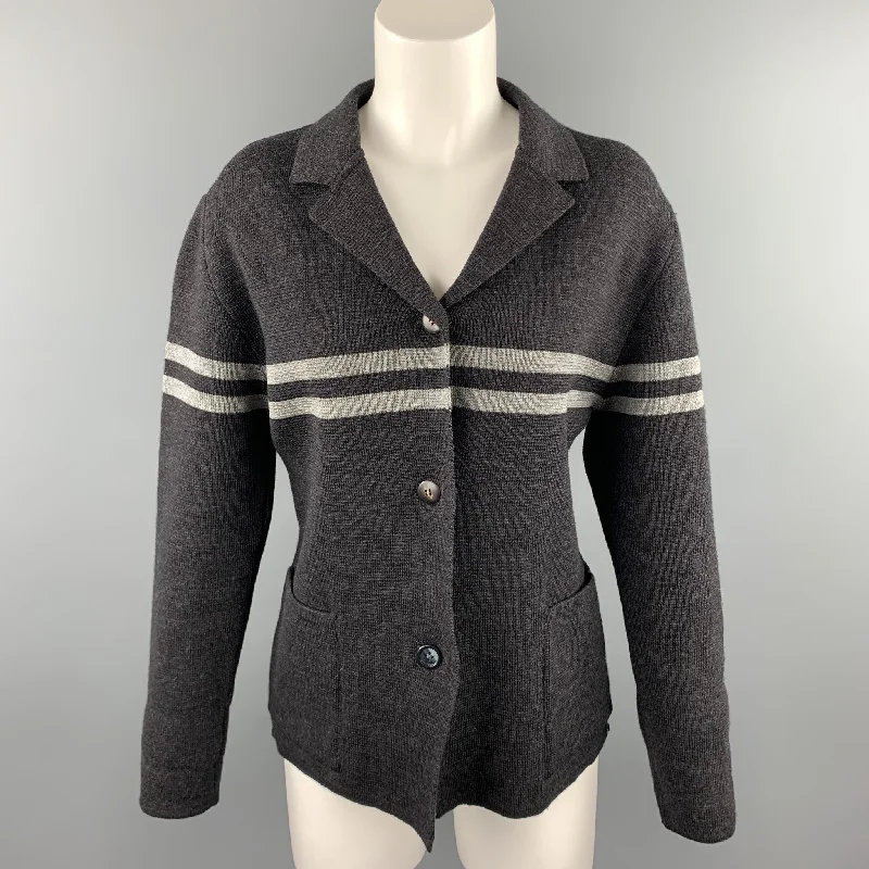 GIULIANO FUJIWARA Size L Gray Knitted Stripe Wool Buttoned Jacket Tailored Jacket Straight Jacket A-Line Jacket GIULIANO FUJIWARA Size L Gray Knitted Stripe Wool Buttoned Jacket Tailored Jacket Straight Jacket A-Line Jacket