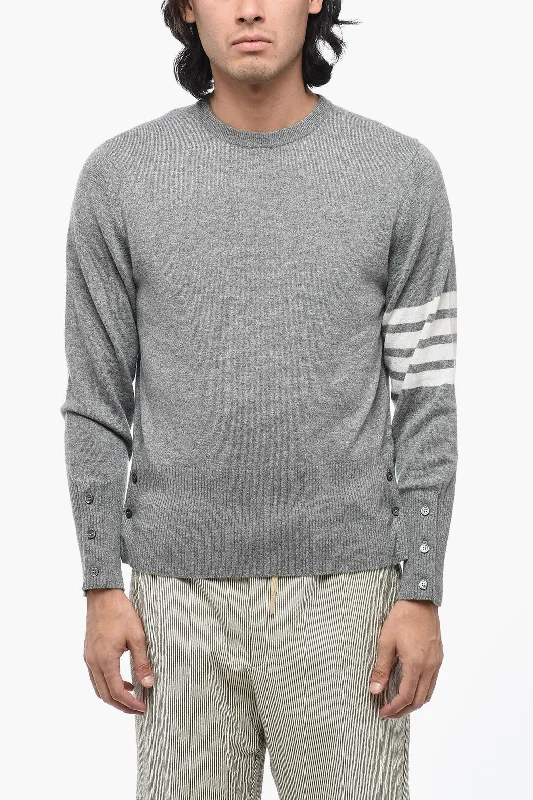 Thom Browne Cashmere Crewneck Sweater with Striped Detail Jersey Fabric Tulle Fabric Batik Fabric