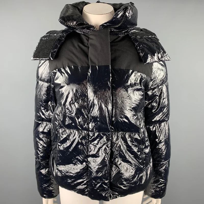 CALVIN KLEIN Size L Navy Quilted Nylon Hooded Jacket Faux Fur Fabric Real Fur Fabric Shearling Fabric CALVIN KLEIN Size L Navy Quilted Nylon Hooded Jacket Faux Fur Fabric Real Fur Fabric Shearling Fabric