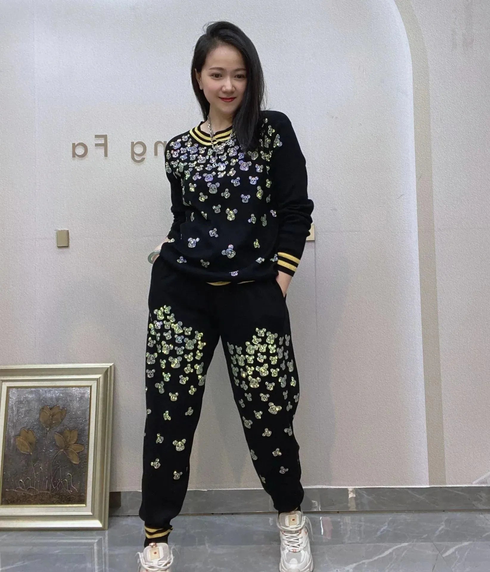 Casual Bear Women Pants Sweater Set Sequined Glittery Shiny