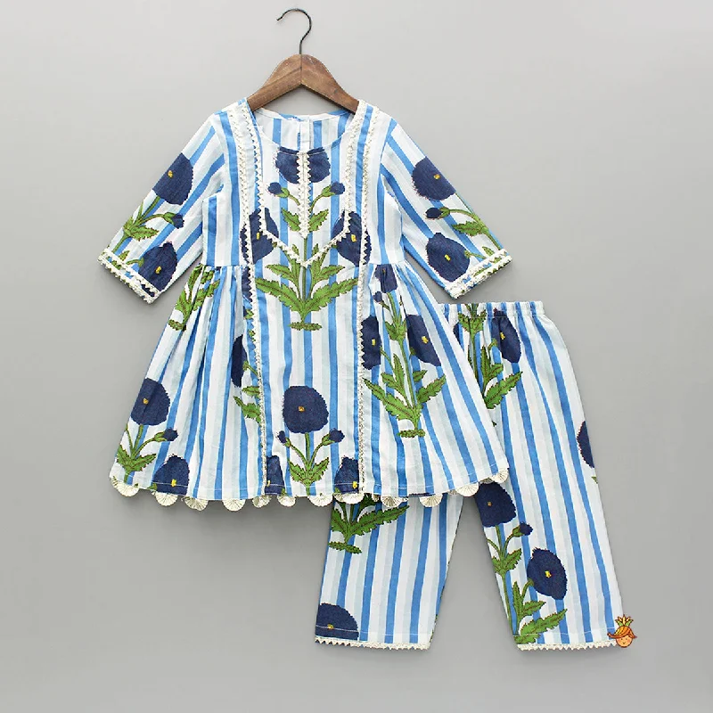 Pre Order: Blue Printed Gota Lace Detailed Kurti And Pant Cozy Maternity Pants