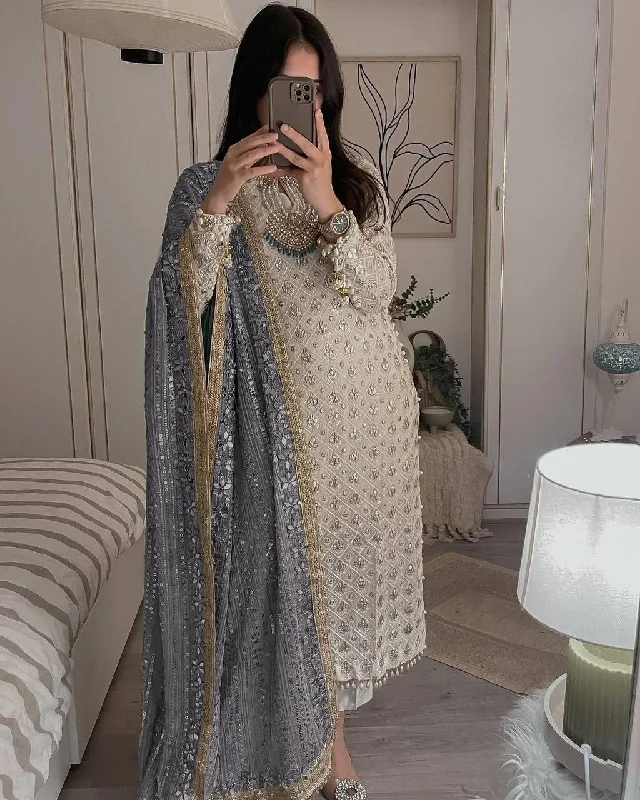 Glittering Charm Eid Dresses: Pakistani Style Georgette Sequined Embroidered Top and Pant Set with Grey Dupatta Formal Stretch Pants Glittering Charm Eid Dresses: Pakistani Style Georgette Sequined Embroidered Top and Pant Set with Grey Dupatta Formal Stretch Pants