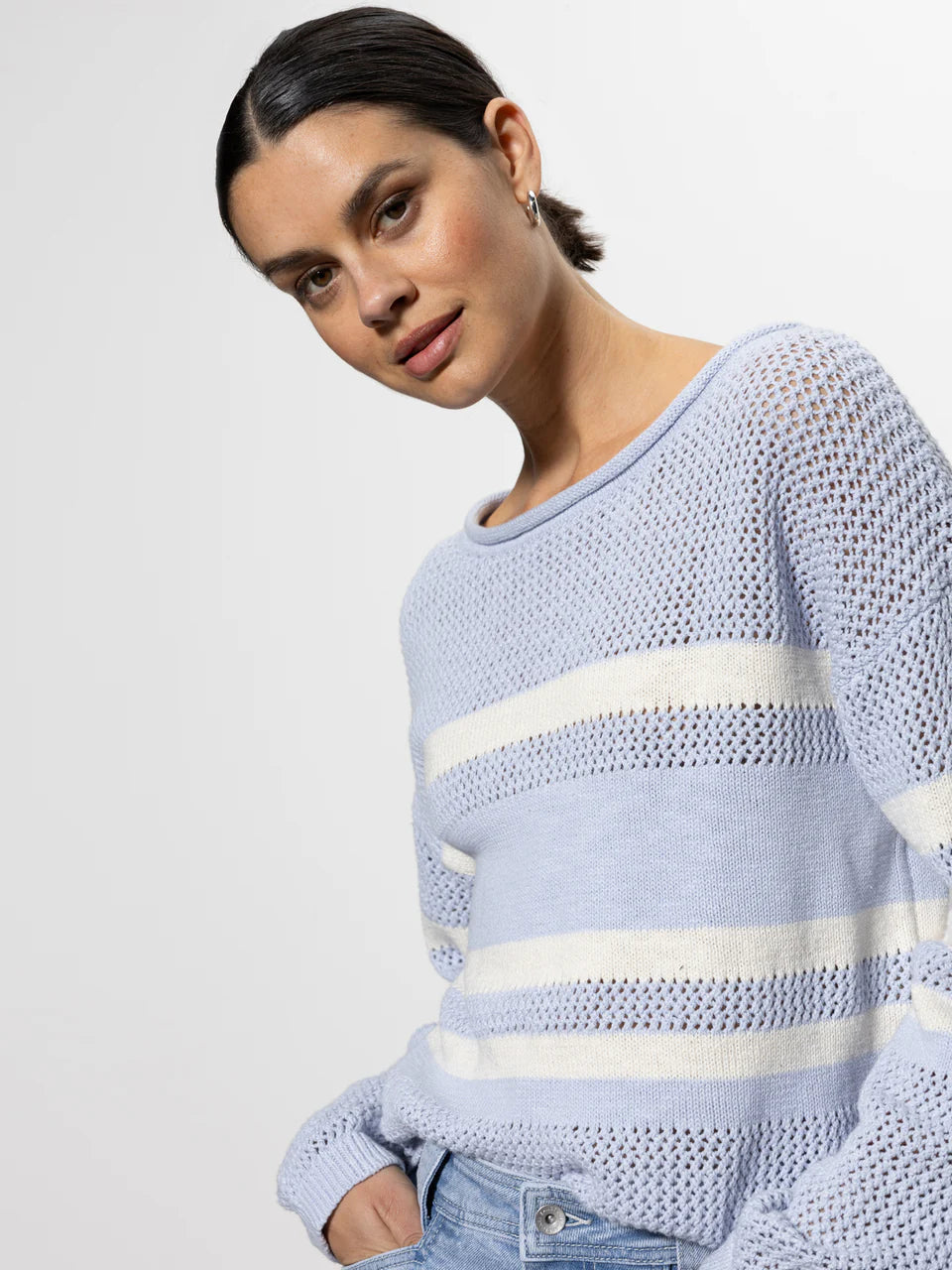 Sporty Stripe Open Knit Sweater Cashmere Blend Cotton Blend Poly Blend