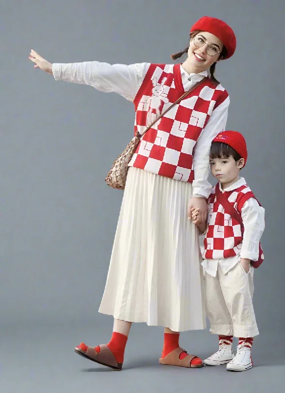 Mommy and Me Checkered Sweater Vest - Matching Family Outfits Denim Fabric Leather Fabric Suede Fabric