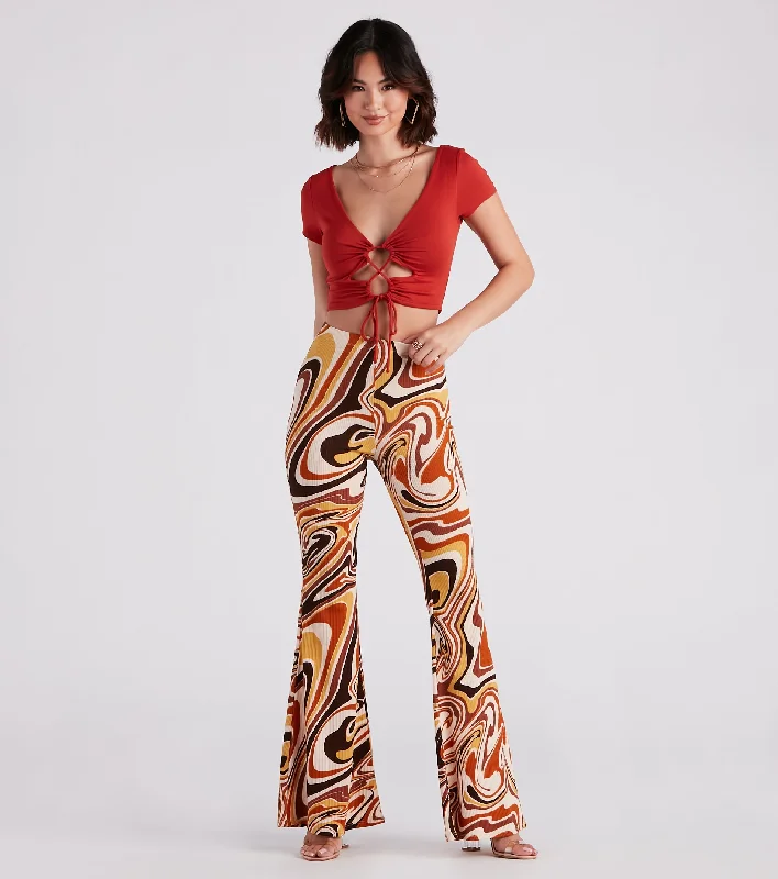 Totally Retro Swirl Print Flare Pants Comfortable Jogger Trousers