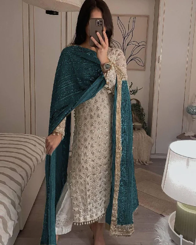 Glittering Charm Eid Dresses: Georgette Sequined Embroidered Top and Pant Set with Dark Green Dupatta Classic Straight-Leg Pants Glittering Charm Eid Dresses: Georgette Sequined Embroidered Top and Pant Set with Dark Green Dupatta Classic Straight-Leg Pants